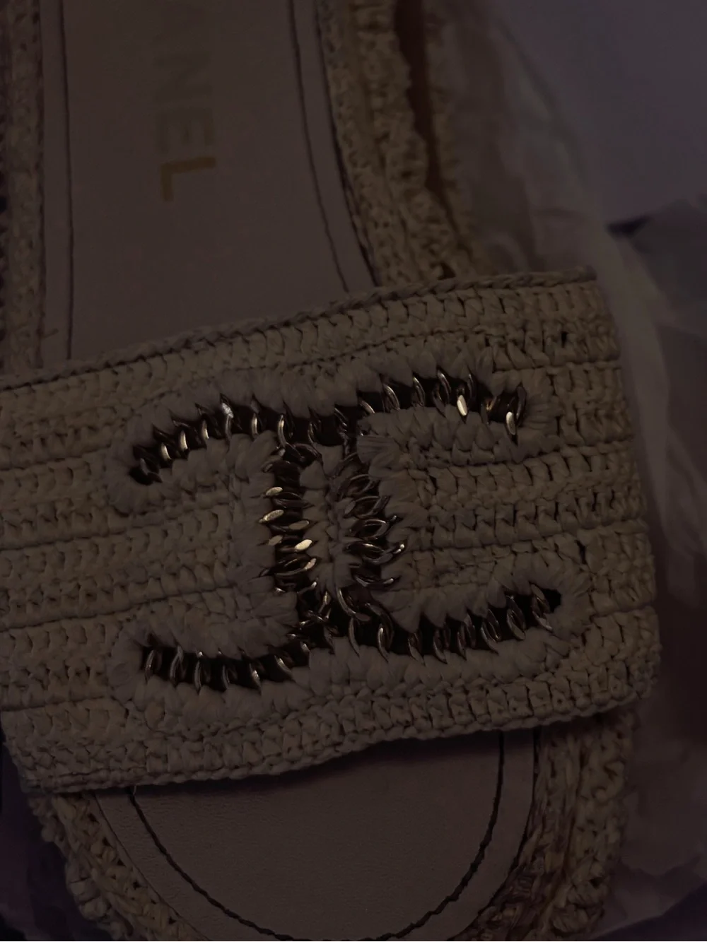 CHANEL Cream Crochet Slide Sandals with Gold CC Accent